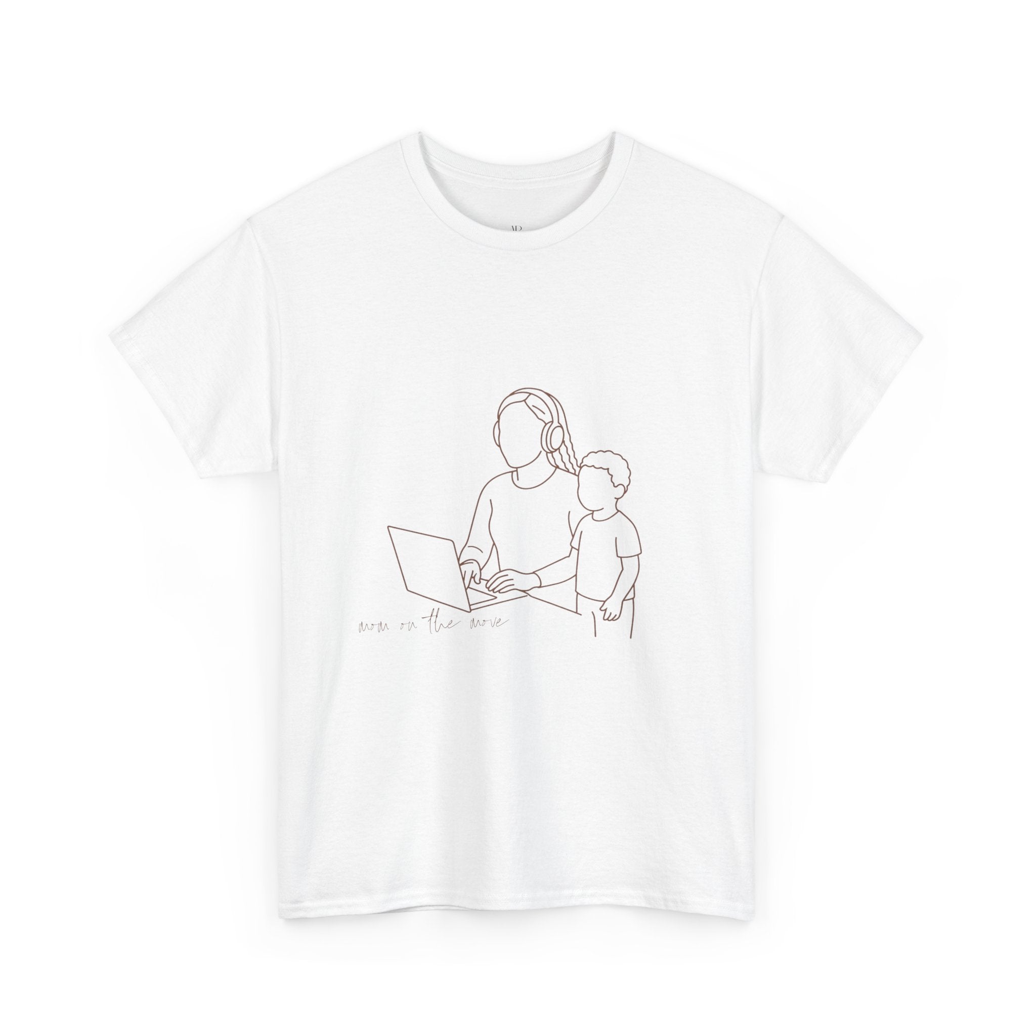 T‑Shirt — Minimal Line Art Mom Working at Laptop with Child