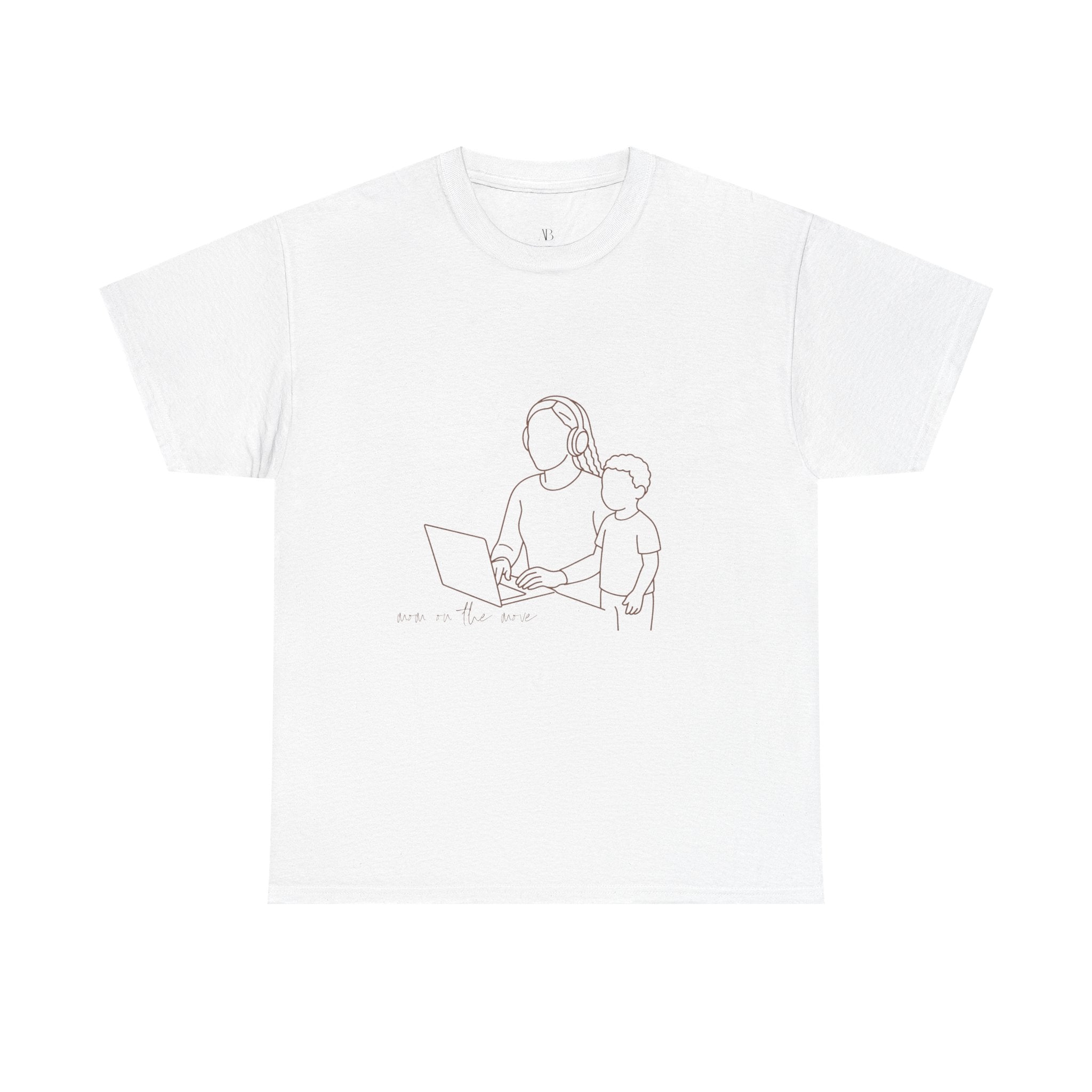 T‑Shirt — Minimal Line Art Mom Working at Laptop with Child