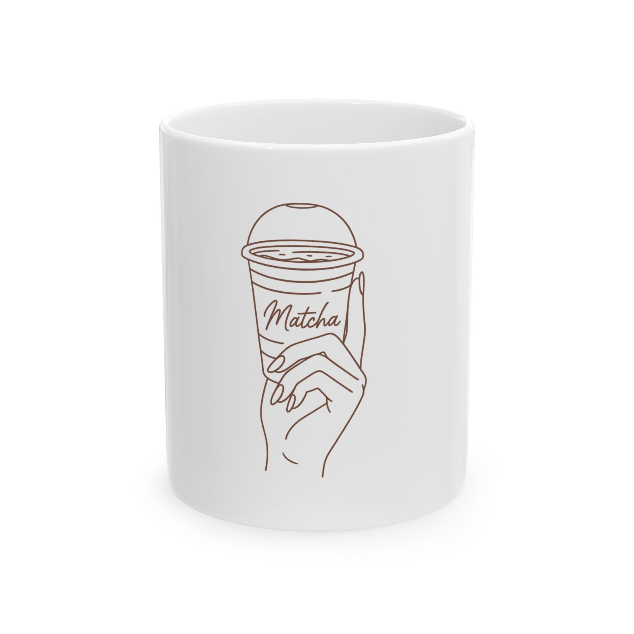Matcha Cup Mug – Minimal Line Art Hand Holding Matcha To-Go, Ceramic Coffee Tea Gift (11oz/15oz)